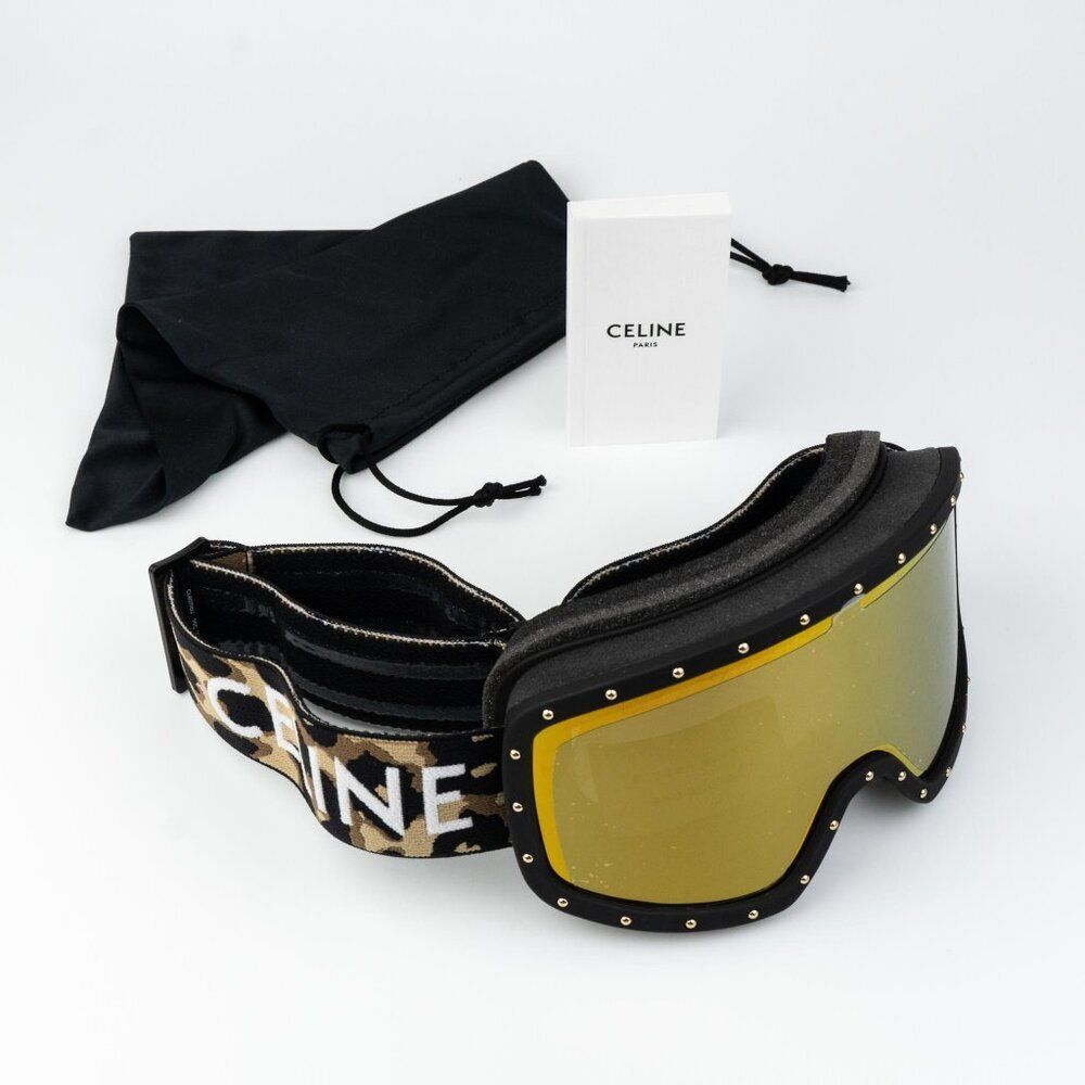 Celine CL40196U SKI MASK 99C Black Animal Gold Mirror NEW AUTHENTIC